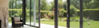 Salón con piscina interior y grandes ventanas correderas a medida de Sabaya que se abren al jardín, aportando luz y amplitud