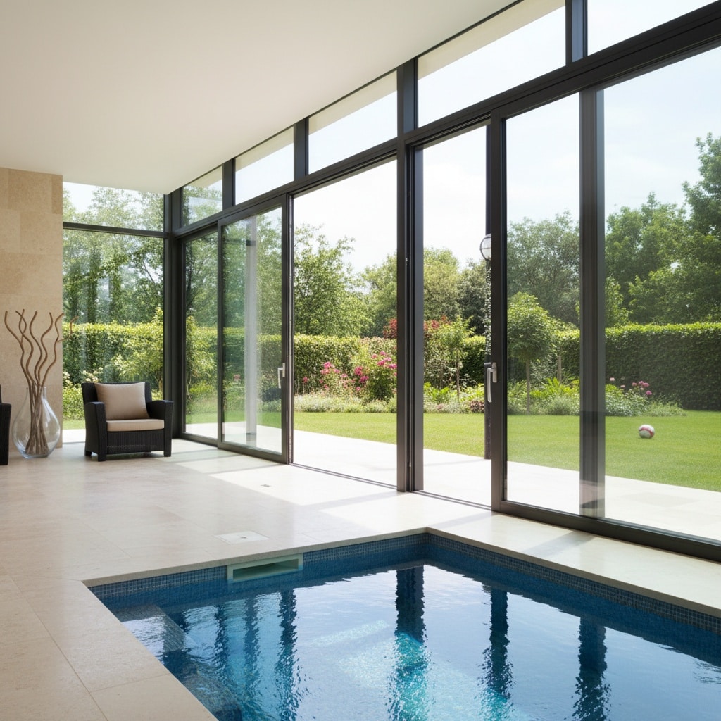 Salón con piscina interior y grandes ventanas correderas a medida de Sabaya que se abren al jardín, aportando luz y amplitud