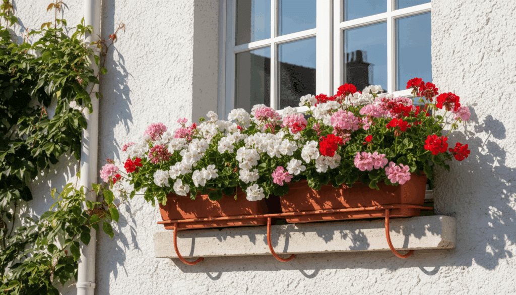 Alféizar Sabaya exterior con jardineras llenas de geranios blancos y rosados