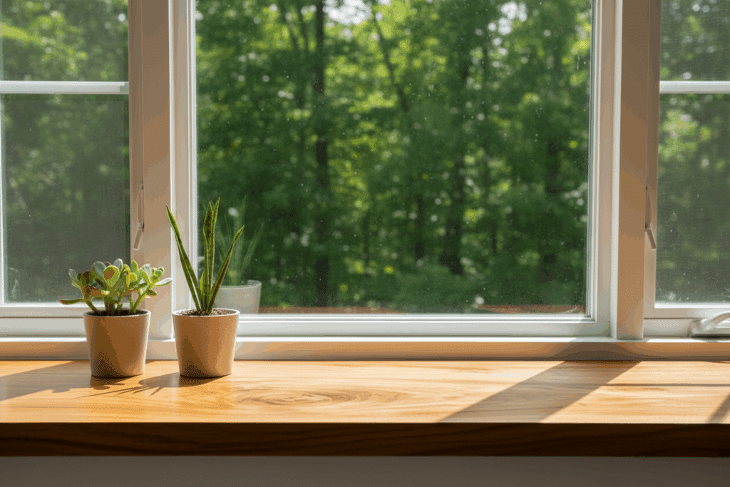 Alféizar de madera natural Sabaya en una ventana luminosa con vista a árboles verdes, mostrando cómo un alfeizar puede aportar calidez, funcionalidad y diseño al hogar.