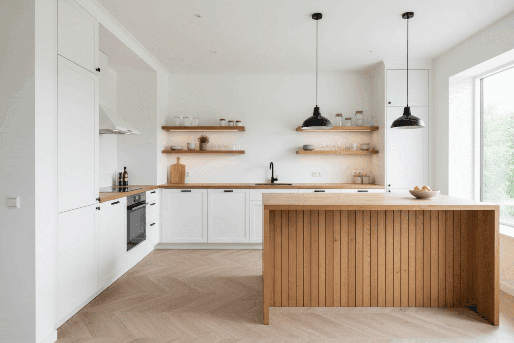 Cocina moderna en blanco y madera con isla y estanterías abiertas, diseño minimalista y luz natural.