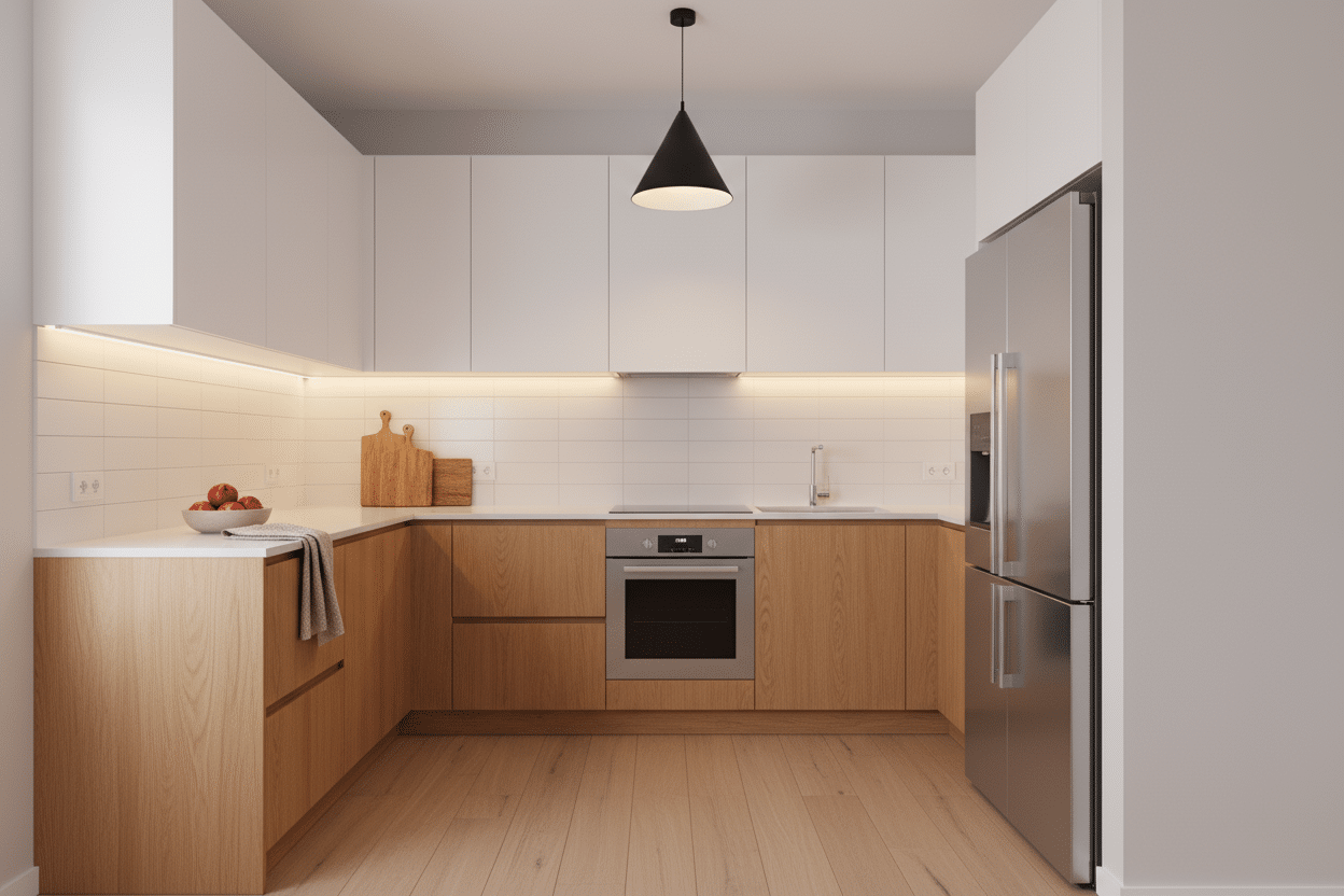 Cocina moderna en blanco y madera de Sabaya con diseño en L, muebles superiores blancos y bajos en madera natural, luminosa y funcional.