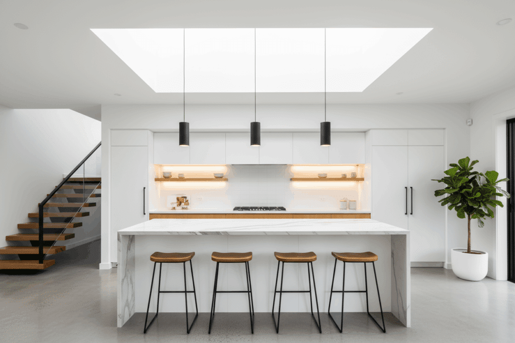 Cocina moderna en blanco y madera con isla central, iluminación colgante negra y taburetes de madera.