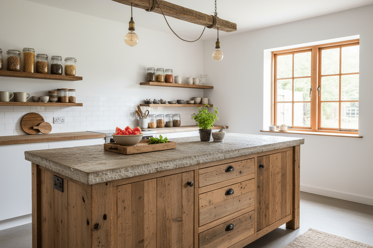 Cocina rústica moderna en blanco y madera con isla central, estanterías abiertas y encimera de piedra.
