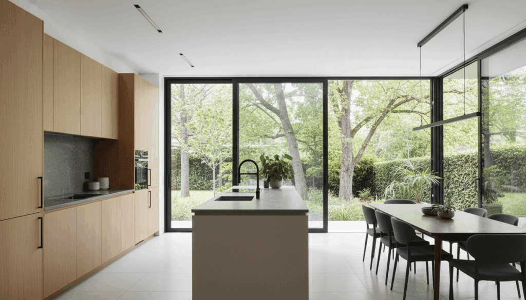 Cocina moderna con acceso al jardín mediante una puerta corredera de cristal de Sabaya