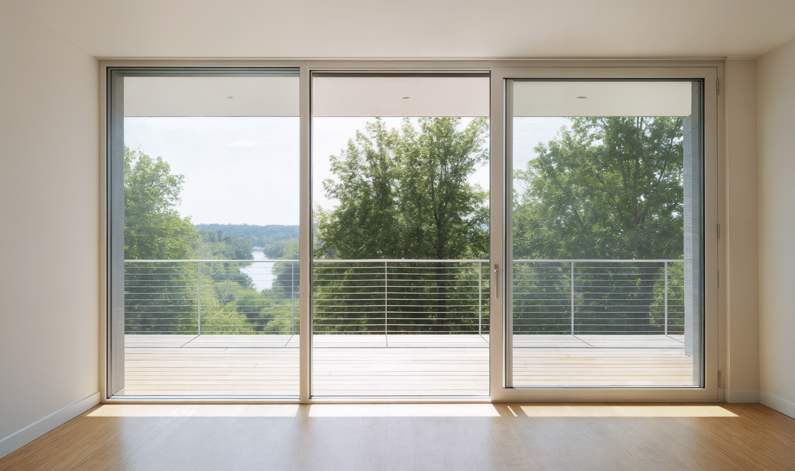Puerta corredera de cristal de Sabaya con marco blanco que conecta el salón con la terraza, ofreciendo vistas panorámicas y máxima entrada de luz natural