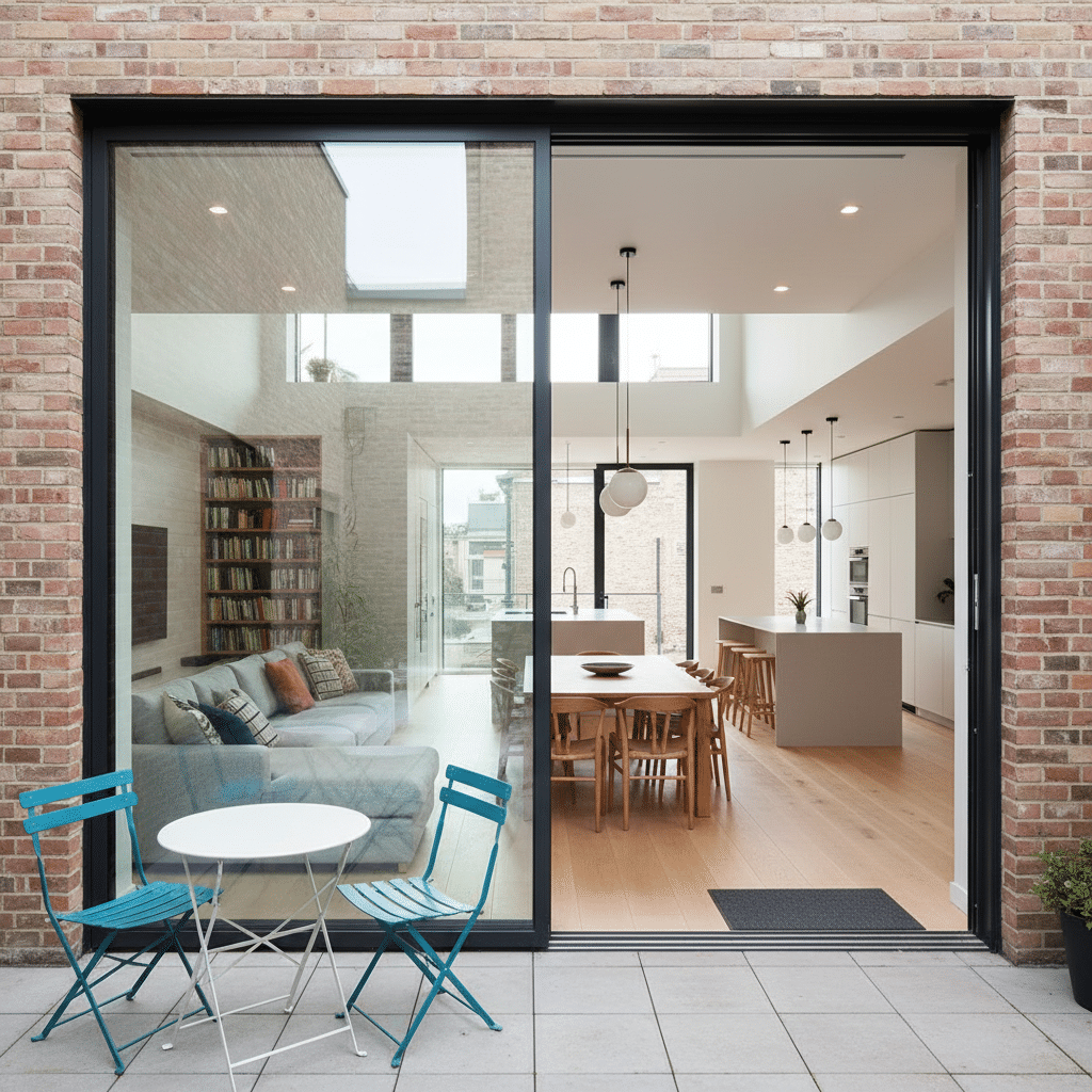 Puerta corredera de cristal de Sabaya con marco negro que conecta el salón y la cocina con la terraza, aportando amplitud y luminosidad al hogar.