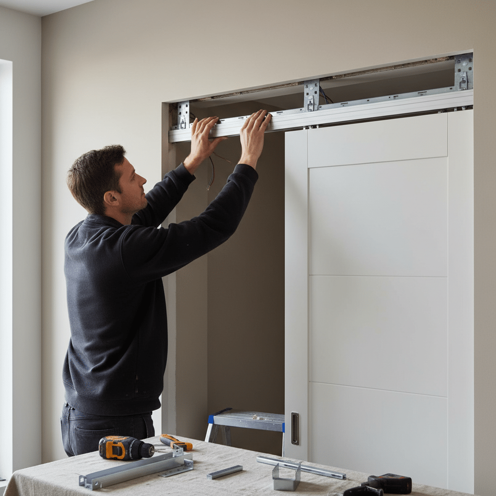 Instalación de una puerta corredera de Sabaya, con un profesional ajustando el sistema de guía superior en la pared.
