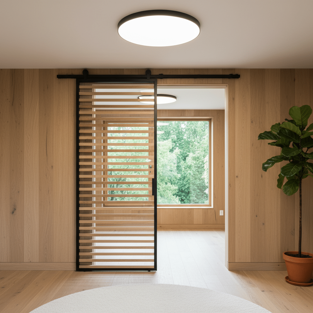 Interior luminoso con puerta corredera de madera y cristal de Sabaya, que separa estancias de forma elegante y funcional.