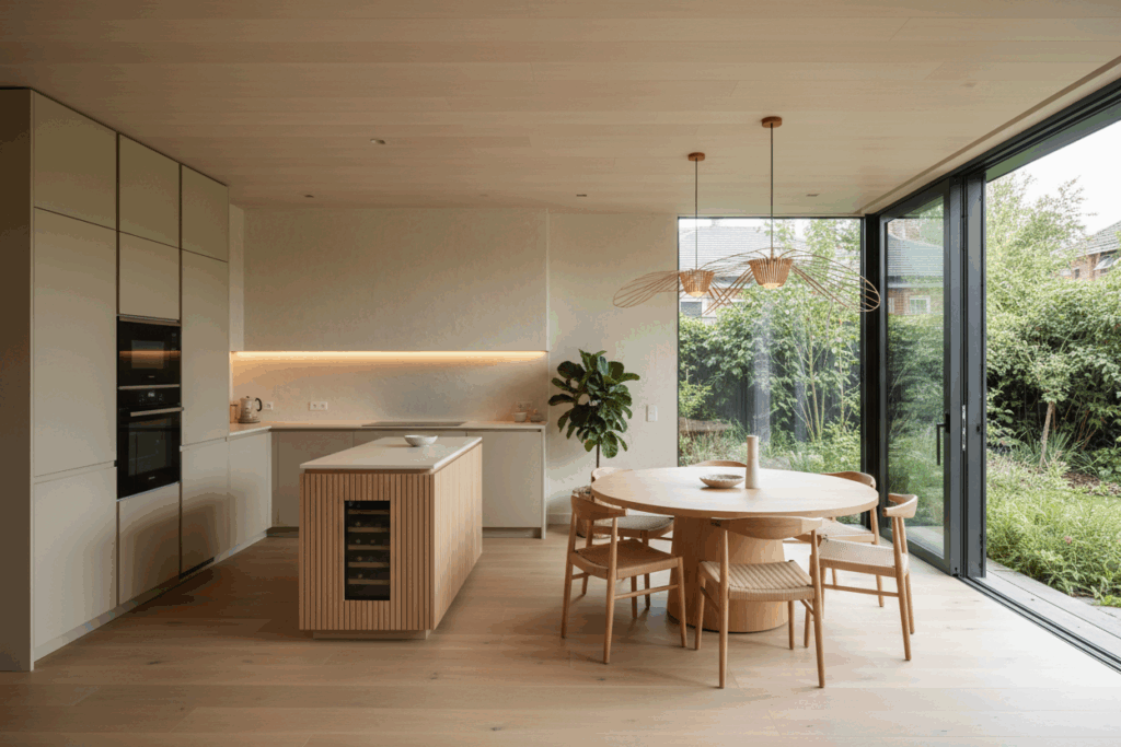 Cocina abierta al salón de Sabaya inspirada en cocinas con isla, con una zona de cocina moderna en tonos neutros, una mesa de comedor redonda de madera y grandes ventanales que conectan el interior con un jardín luminoso