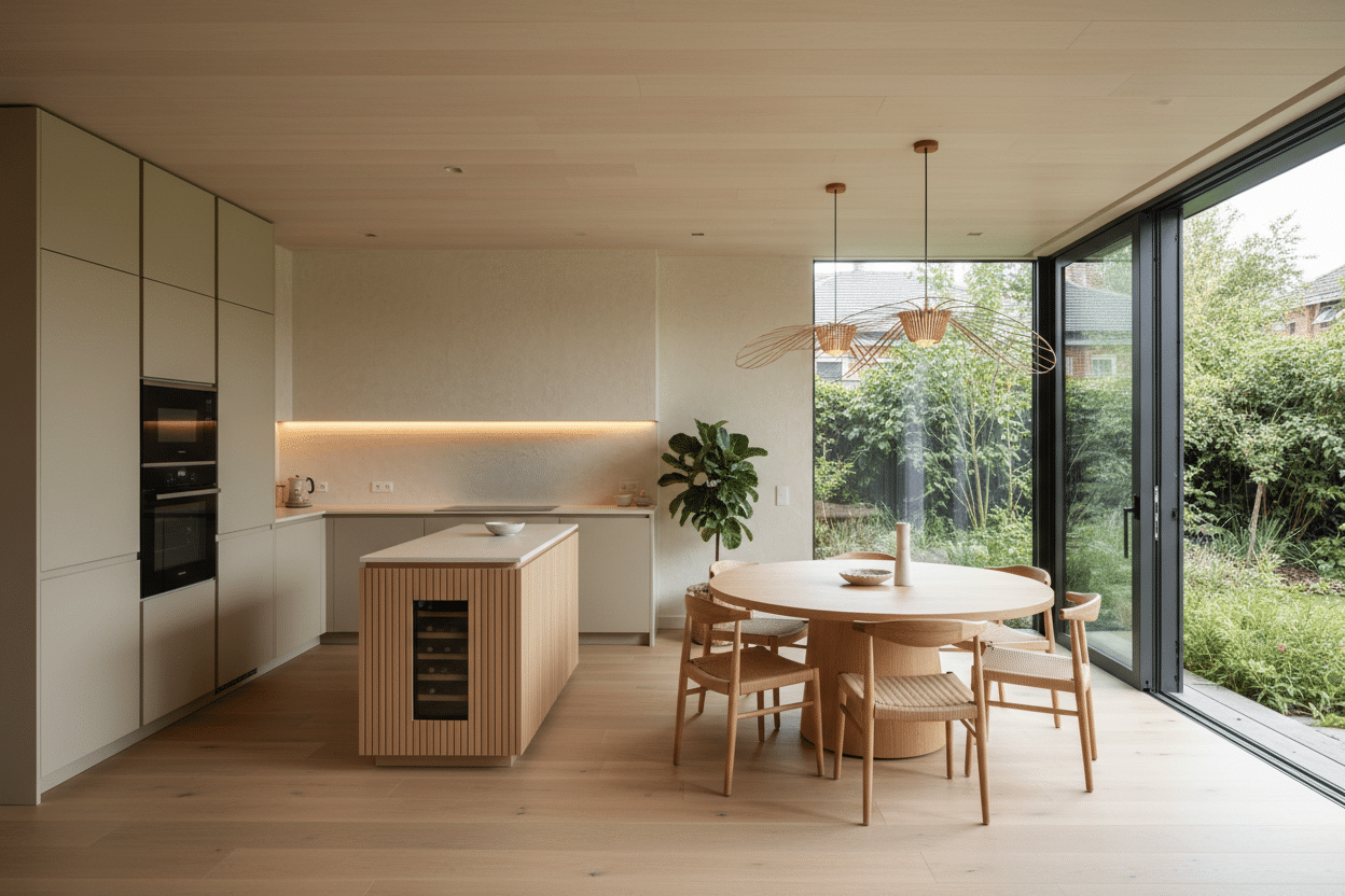 Cocina abierta al salón de Sabaya inspirada en cocinas con isla, con una zona de cocina moderna en tonos neutros, una mesa de comedor redonda de madera y grandes ventanales que conectan el interior con un jardín luminoso