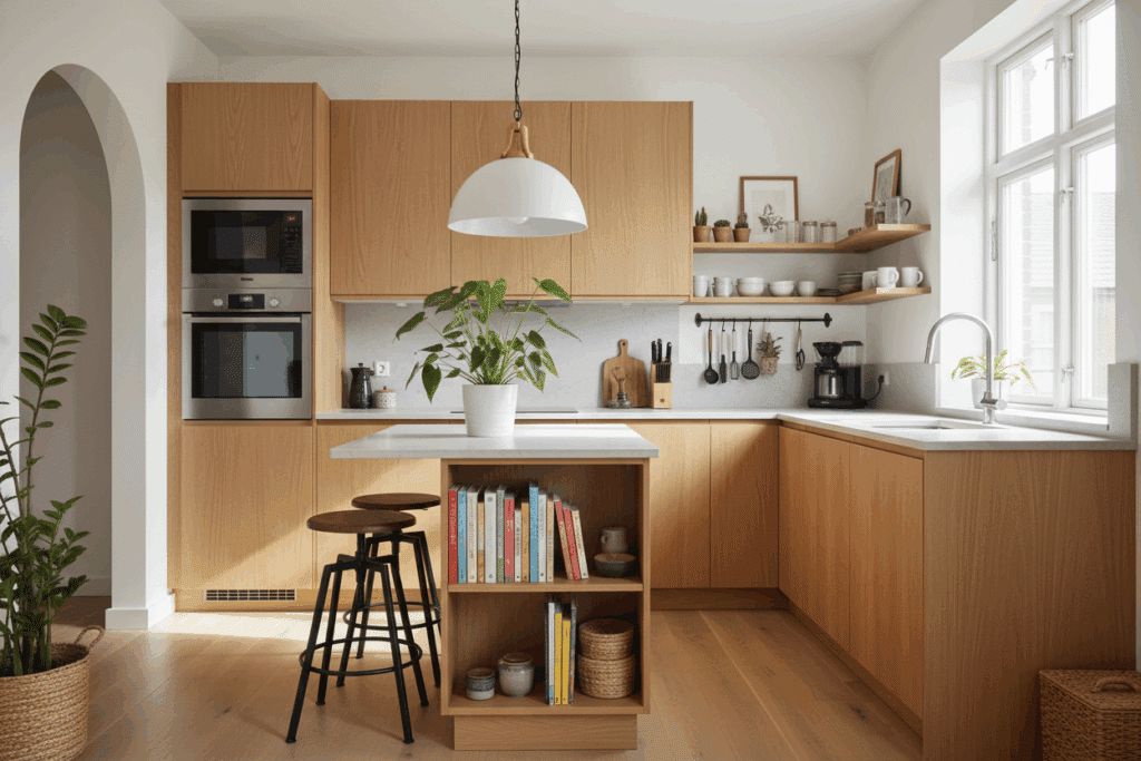 Cocina luminosa de Sabaya inspirada en cocinas con isla, con una isla central de madera clara, dos taburetes altos y una distribución compacta y funcional que muestra cómo integrar una isla en cocinas de tamaño medio