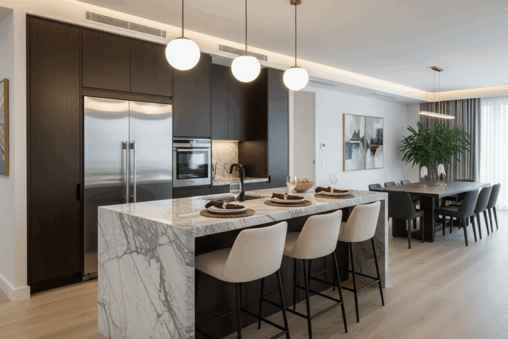 Cocina moderna de Sabaya inspirada en cocinas con isla, con una gran isla de encimera veteada preparada como barra con taburetes, iluminación colgante cálida y una zona de comedor integrada al fondo