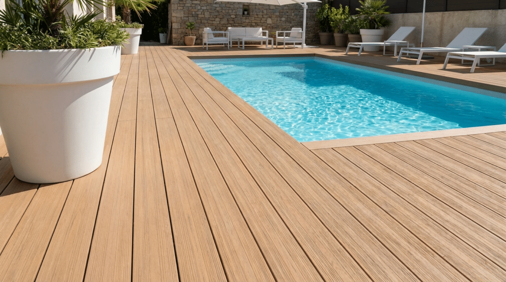 Zona de piscina con suelo de composite Sabaya en lamas de madera clara, instalado alrededor del agua y junto a mobiliario exterior blanco.