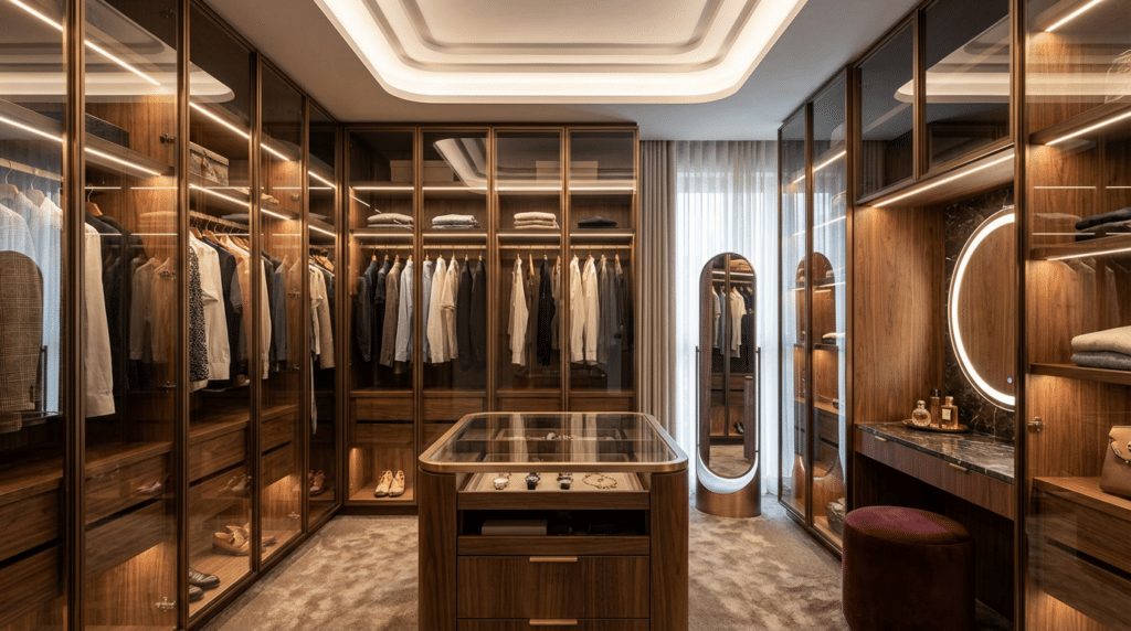 Vestidores de Sabaya con diseño elegante en cristal ahumado, isla central y zona de tocador iluminada