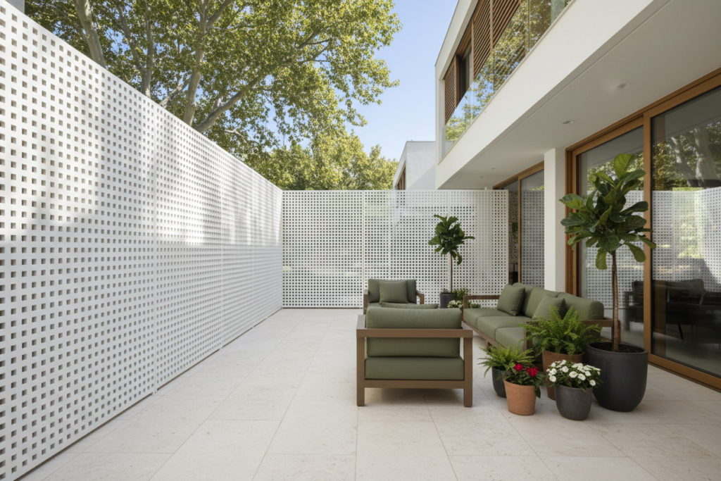 Celosía exterior blanca de aluminio con patrón perforado instalada como cerramiento en un jardín y zona de estar al aire libre, diseñada para aportar privacidad sin bloquear la luz ni la ventilación