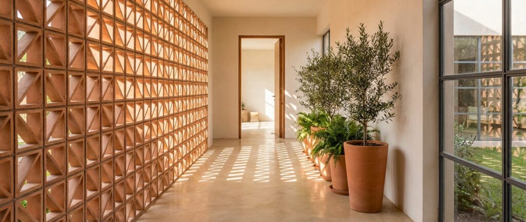 Celosía cerámica decorativa en pasillo interior que filtra la luz natural y proyecta sombras geométricas sobre el suelo, integrada junto a macetas y ventanales para separar espacios sin cerrarlos