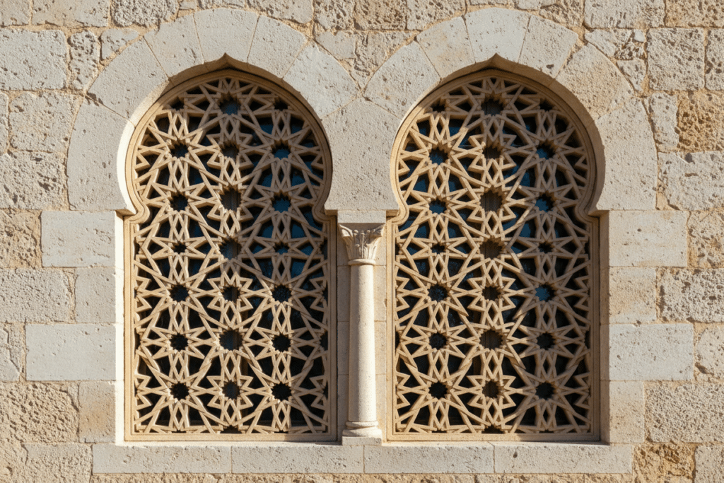 Celosía exterior histórica de piedra con patrón geométrico calado en dos ventanas arqueadas, integrada en una fachada tradicional, ejemplo de celosía arquitectónica que filtra la luz y aporta privacidad