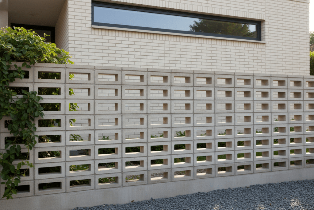 Celosía de hormigón en exterior con bloques horizontales repetidos instalada en el cerramiento de una vivienda, diseñada para aportar privacidad y ventilación manteniendo el paso de la luz