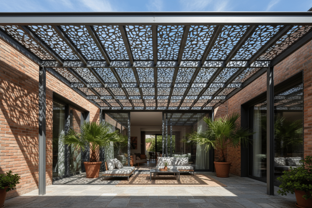 Celosía metálica exterior con patrón perforado instalada como cubierta en una pérgola, diseñada para filtrar la luz solar y crear sombras decorativas en un patio residencial