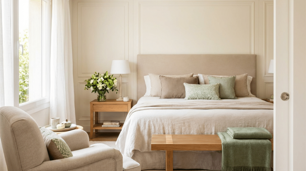 Dormitorios de matrimonio Sabaya con decoración elegante en tonos beige y blanco roto, donde se observa una cama tapizada con cabecero acolchado, panelado clásico en la pared, mesilla de madera y banco a los pies de la cama iluminados por luz natural