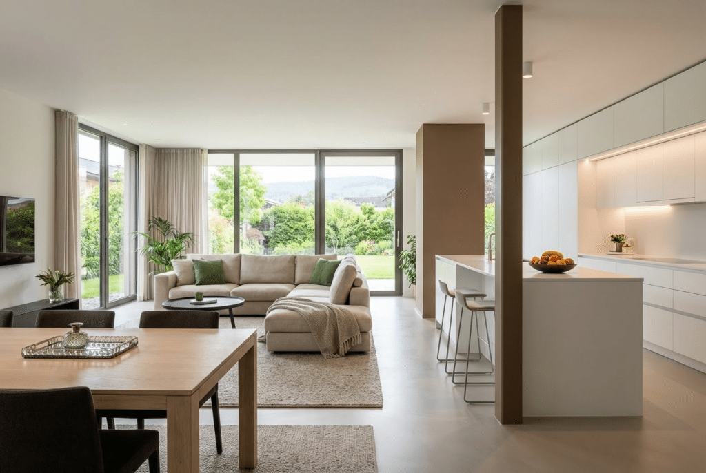 Cocinas abiertas al salon Sabaya con isla central en blanco y madera, integradas en un espacio amplio y luminoso donde la cocina comparte ambiente con el comedor y la zona de estar frente a un gran ventanal