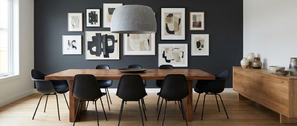 Comedor moderno con pared en color antracita, mesa de madera maciza, sillas negras y láminas decorativas que muestran cómo este gris oscuro aporta profundidad y elegancia al interior