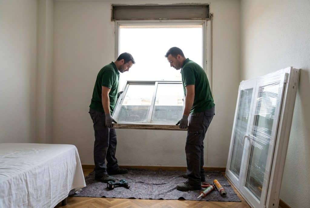 Dos instaladores retirando la hoja de una ventana antigua para colocar una ventana nueva de PVC sin obra