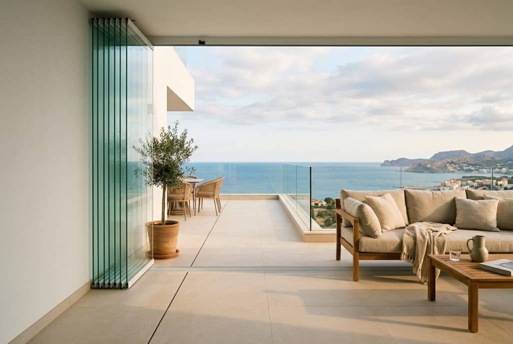 Cerramiento de terraza con cortinas de cristal plegadas a un lado en un ático, con vistas al mar al fondo