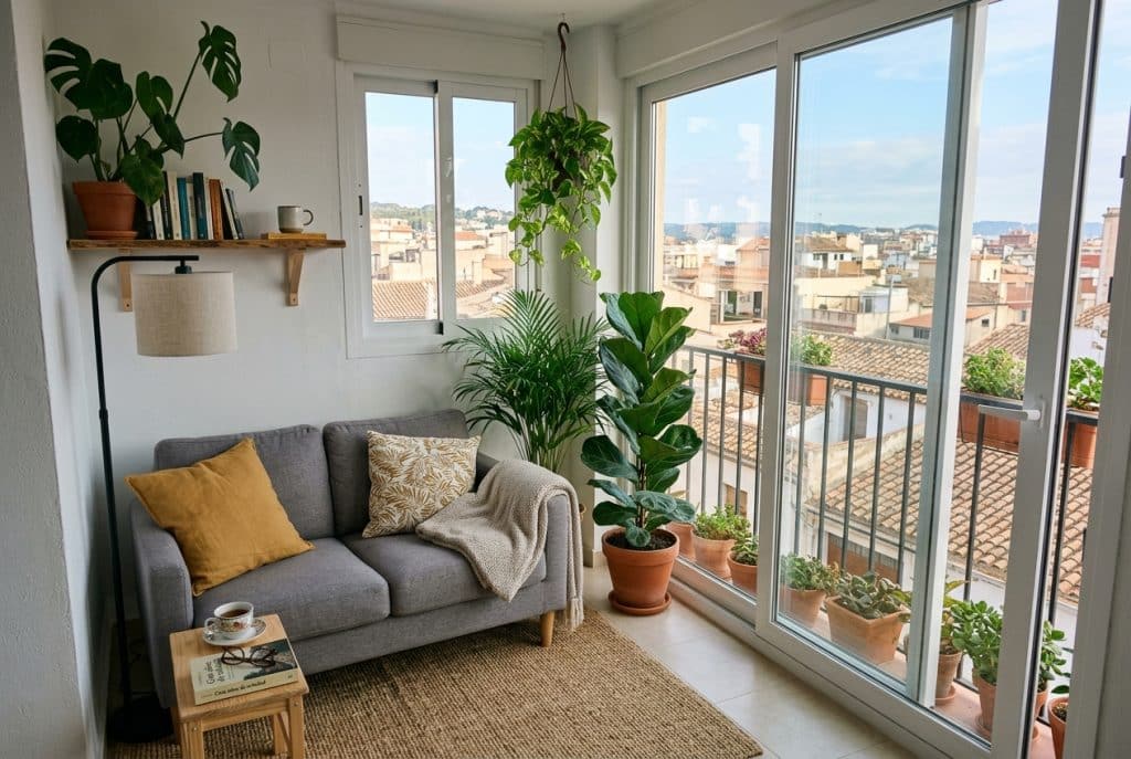 Cerramiento de terraza de PVC blanco con puertas correderas y doble acristalamiento en un piso, con un sofá y plantas dentro