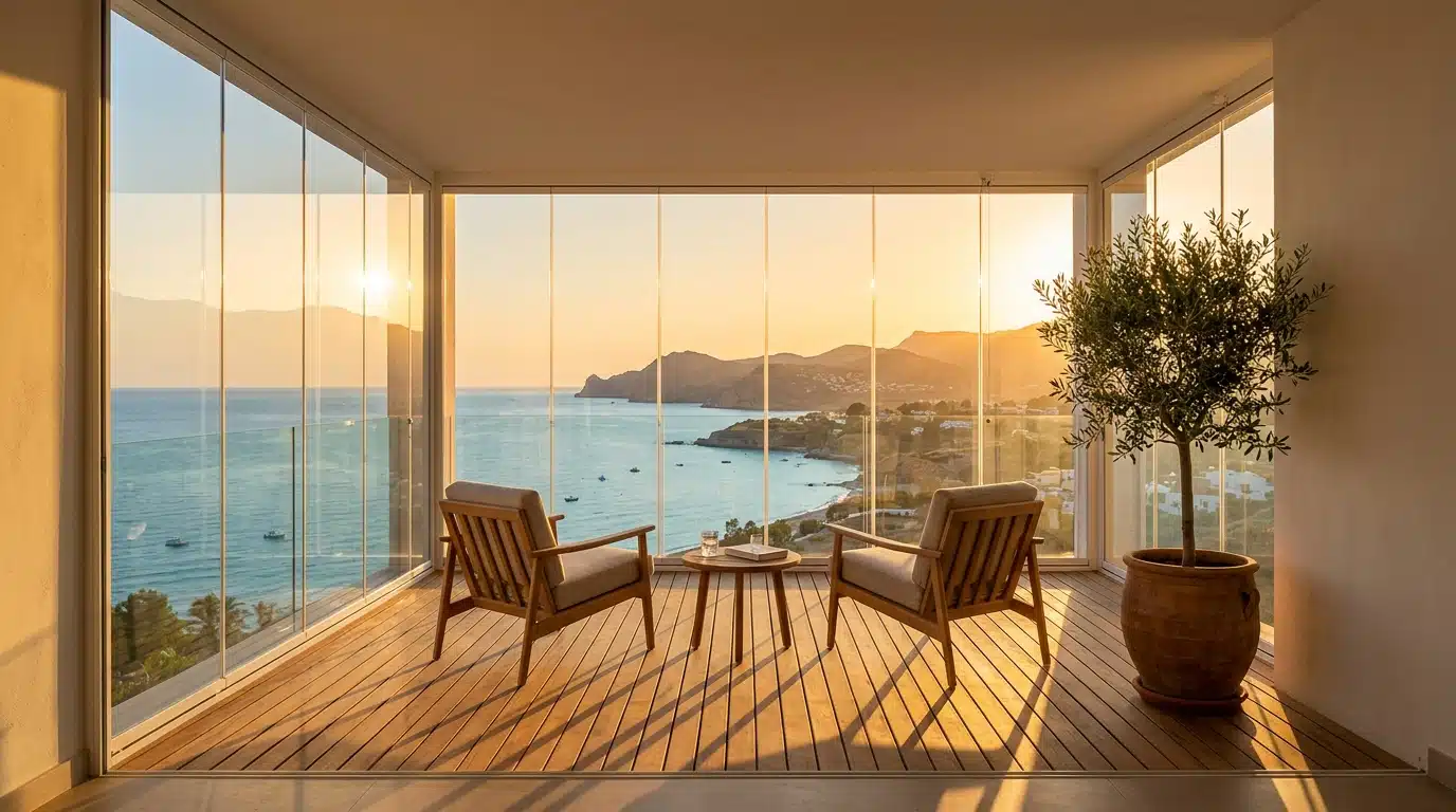 Terraza cerrada con cortinas de cristal y suelo de madera, con la luz del atardecer entrando por el vidrio