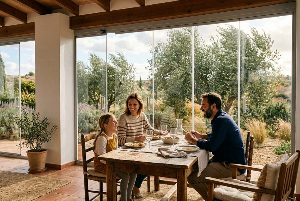 Porche de casa con cortinas de cristal correderas cerradas y una familia comiendo dentro protegida del viento