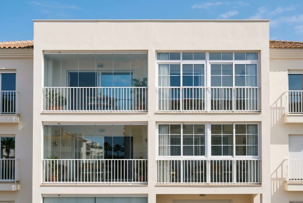 Comparación entre una terraza con cortinas de cristal sin perfiles y otra con corredera de PVC blanco con doble acristalamiento