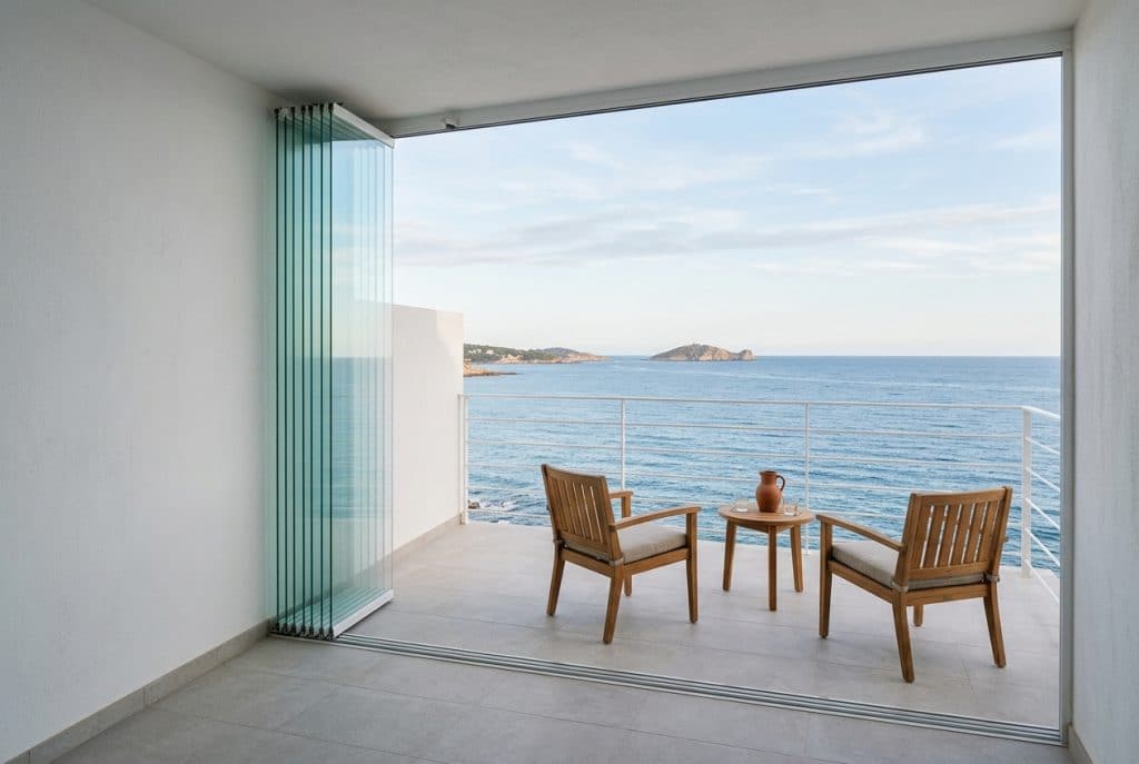 Cortinas de cristal plegables recogidas a un lado en la terraza de un ático con vistas al mar
