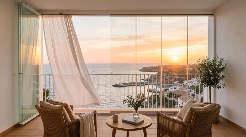 Terraza cerrada con cortinas de cristal al atardecer, con una hoja abierta y dos butacas frente al mar