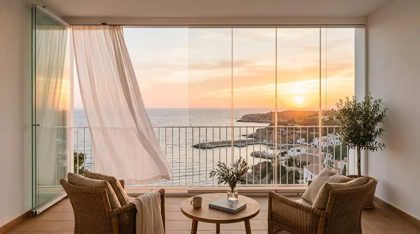 Terraza cerrada con cortinas de cristal al atardecer, con una hoja abierta y dos butacas frente al mar