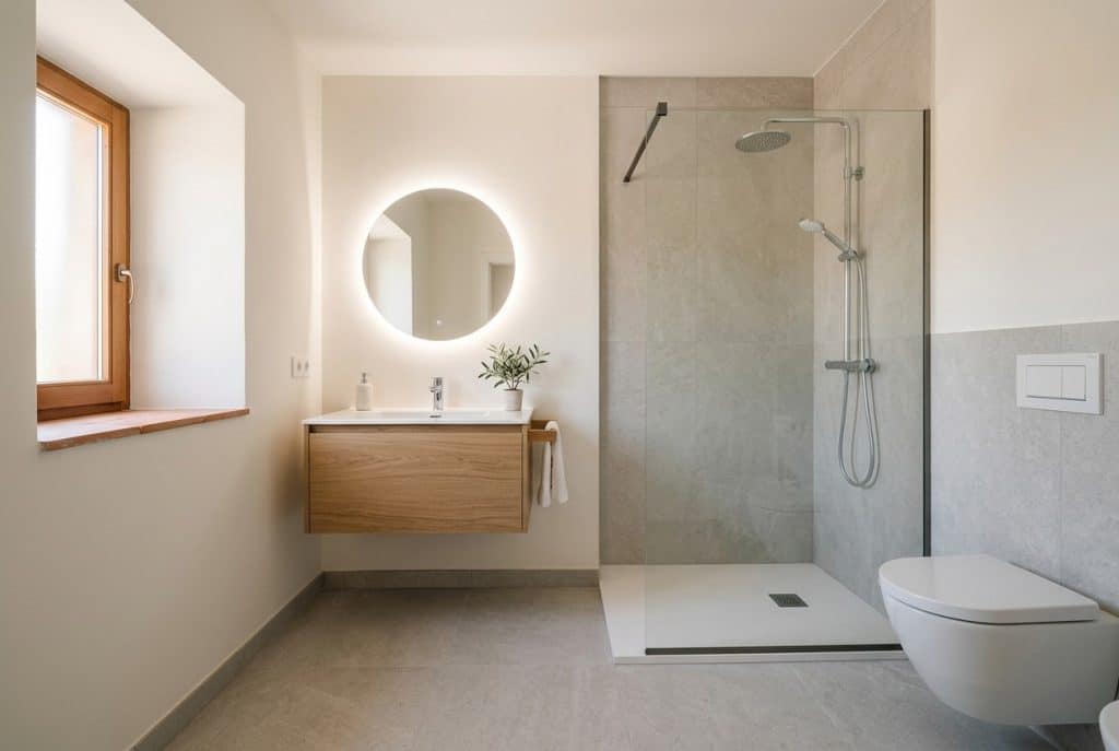 Baño reformado de 4 metros cuadrados con plato de ducha, mampara de vidrio y mueble de madera con lavabo integrado