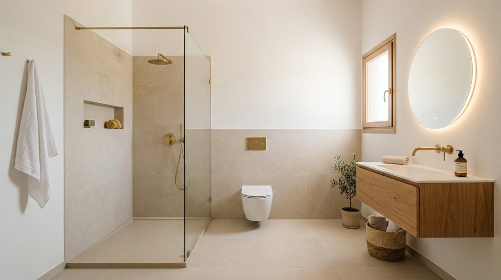 Baño reformado con plato de ducha, mampara de vidrio, inodoro suspendido y mueble de madera a medida con lavabo