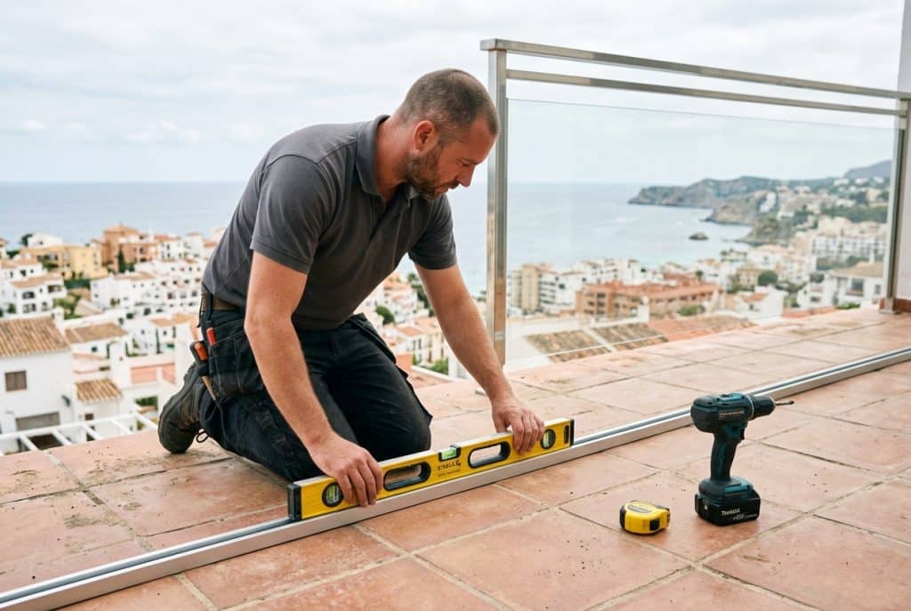 Instalador ajustando el carril de un cerramiento de terraza de cristal con un nivel en una terraza junto al mar
