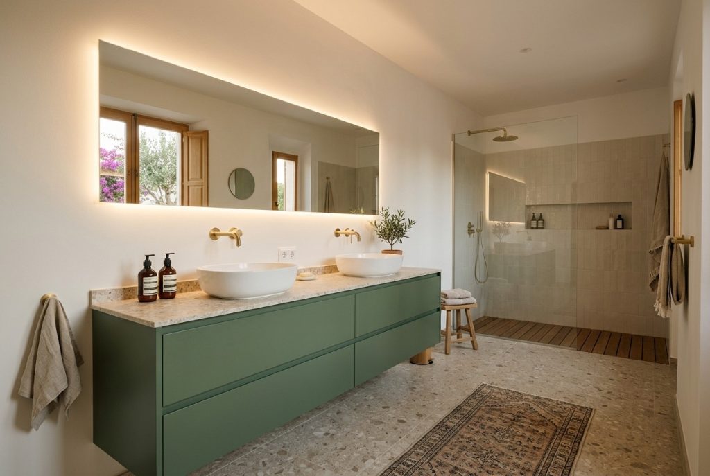 Mueble de baño fabricado a medida con dos lavabos y espejo con luz en un baño grande reformado