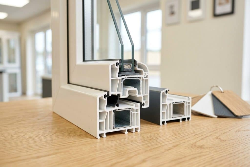 Sección de un perfil de ventana de PVC multicámara con doble acristalamiento sobre una mesa de exposición