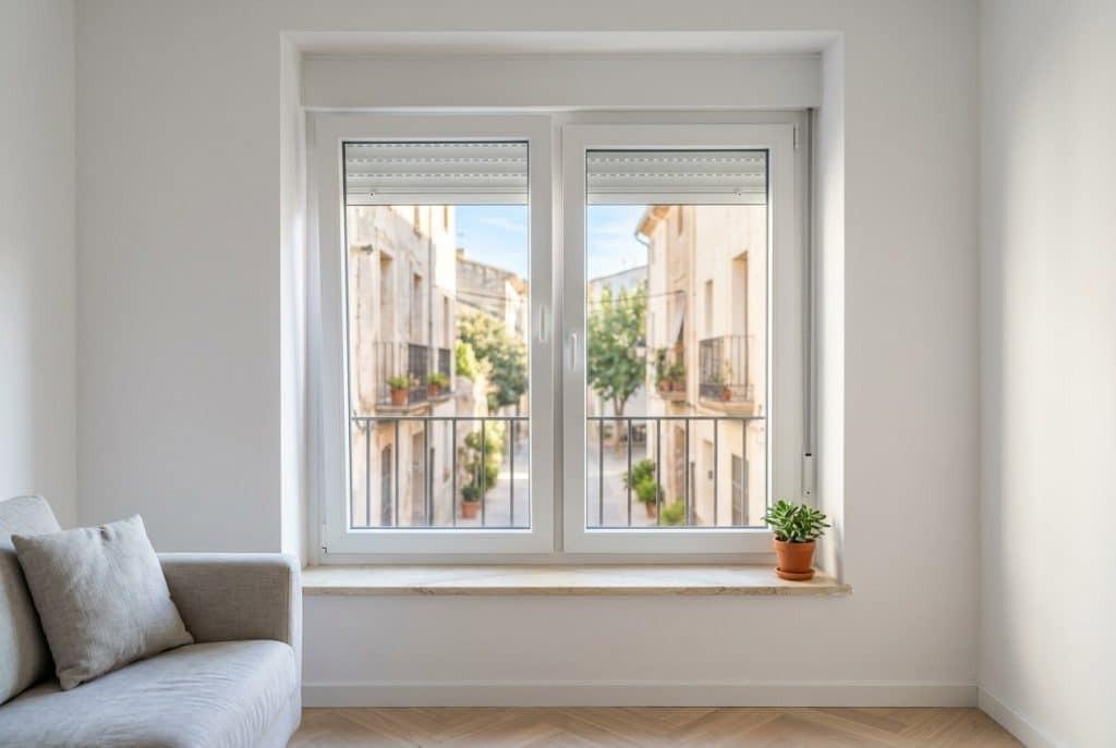 Ventana de PVC blanca de dos hojas con doble acristalamiento y persiana, recién instalada en el salón de un piso