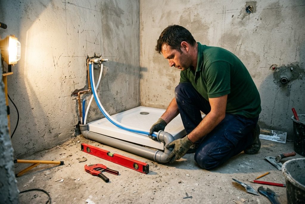 Fontanero instalando las tomas de agua y el desagüe de un plato de ducha en un baño en obras