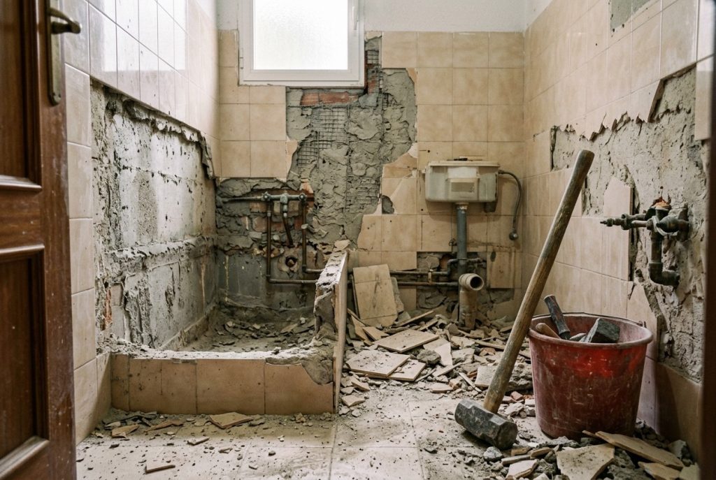 Baño antiguo con bañera y azulejos de los años ochenta a medio demoler durante una reforma