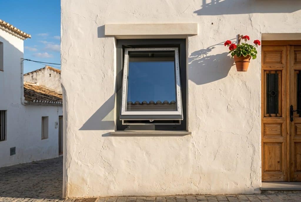 Ventana de PVC gris antracita por fuera y blanca por dentro, entreabierta en la fachada encalada de una casa de pueblo