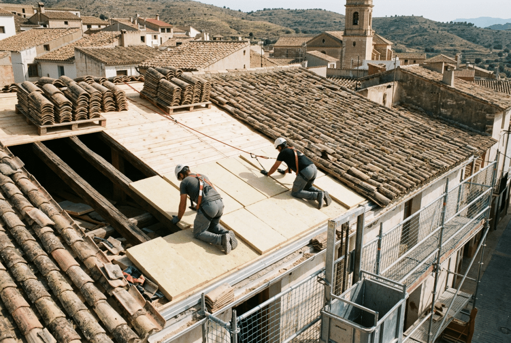 Obreros cambiando el tejado de una casa antigua, con la teja vieja retirada, el tablero nuevo y las planchas de aislamiento sobre las vigas de madera