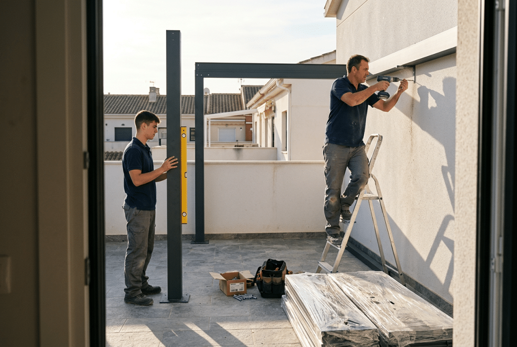 Dos instaladores montando una pérgola bioclimática adosada en una terraza, fijando la viga trasera a la fachada con un taladro y comprobando el nivel de un pilar