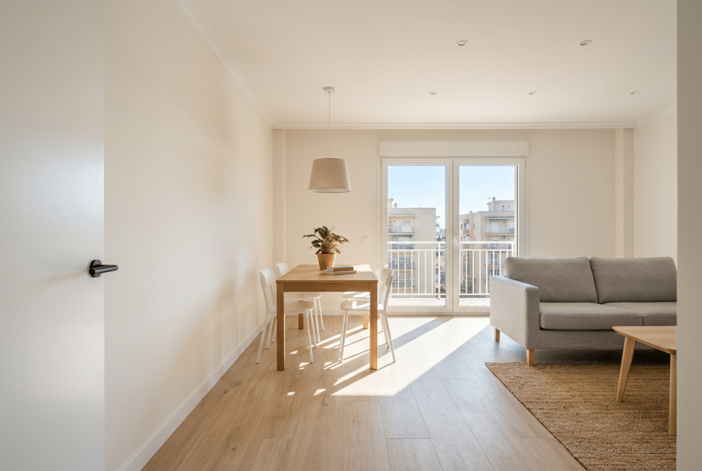 Salón comedor de un piso de 85 metros cuadrados recién reformado, con suelo porcelánico imitación madera, puertas lacadas blancas y ventanas de PVC