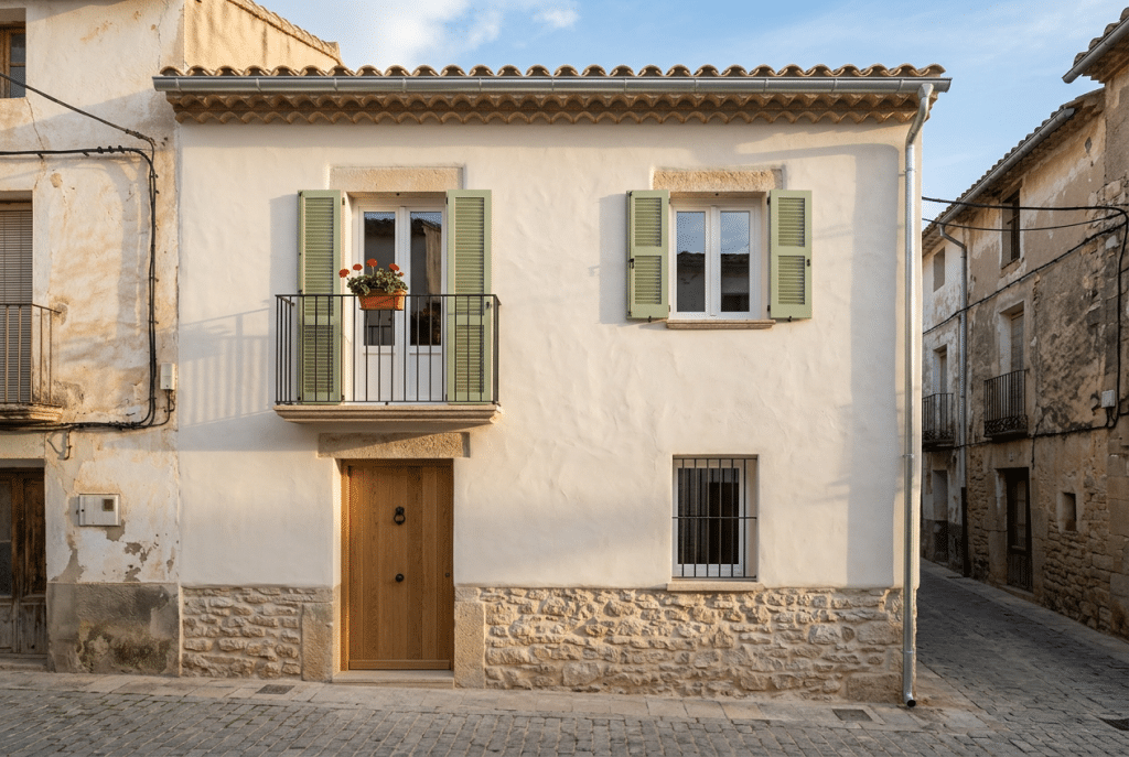 Casa de pueblo mediterránea de dos plantas reformada, con la fachada encalada, el zócalo de piedra a la vista y ventanas nuevas de PVC