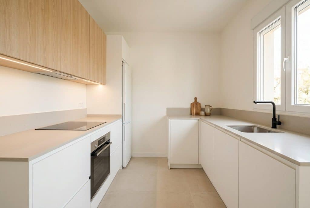 Cocina reformada de unos 10 metros cuadrados en L con muebles a medida blancos y madera, encimera clara y electrodomésticos integrados